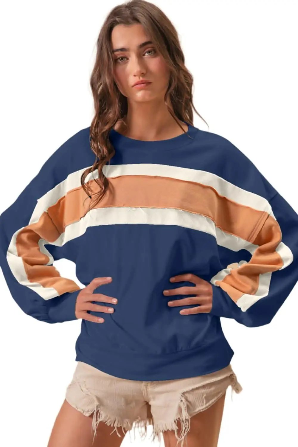 Jackets Trendsi BiBi French Terry Color Block Cut Edge Detail Swea
