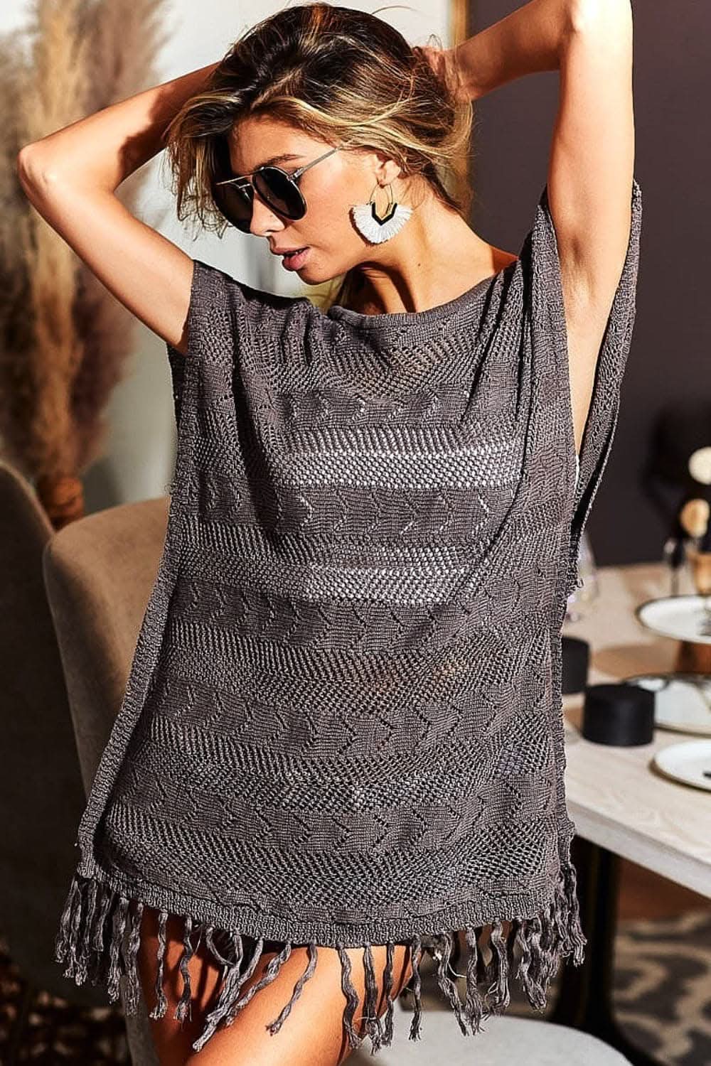Women's Knit Top Knit Top - Fringed Hem - Short Sleeve