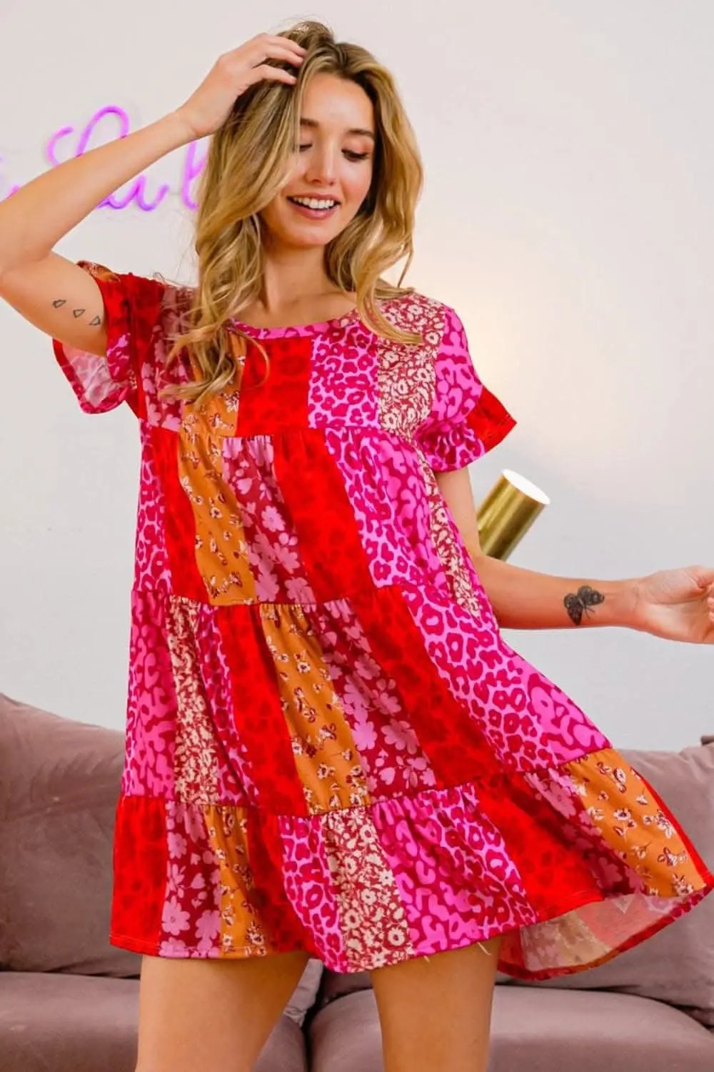 Women's Dresses Leopard Print Tiered Mini Dress - Short Sleeve Casual Style