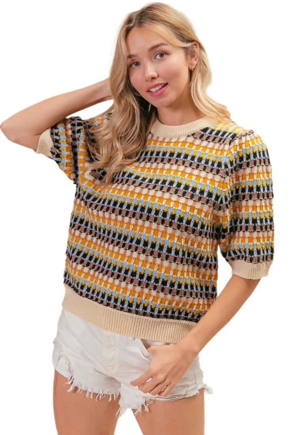 Pants Trendsi BiBi Multicolor Knit Top Women's Half Sleeve Sweater - Soft & Stylish