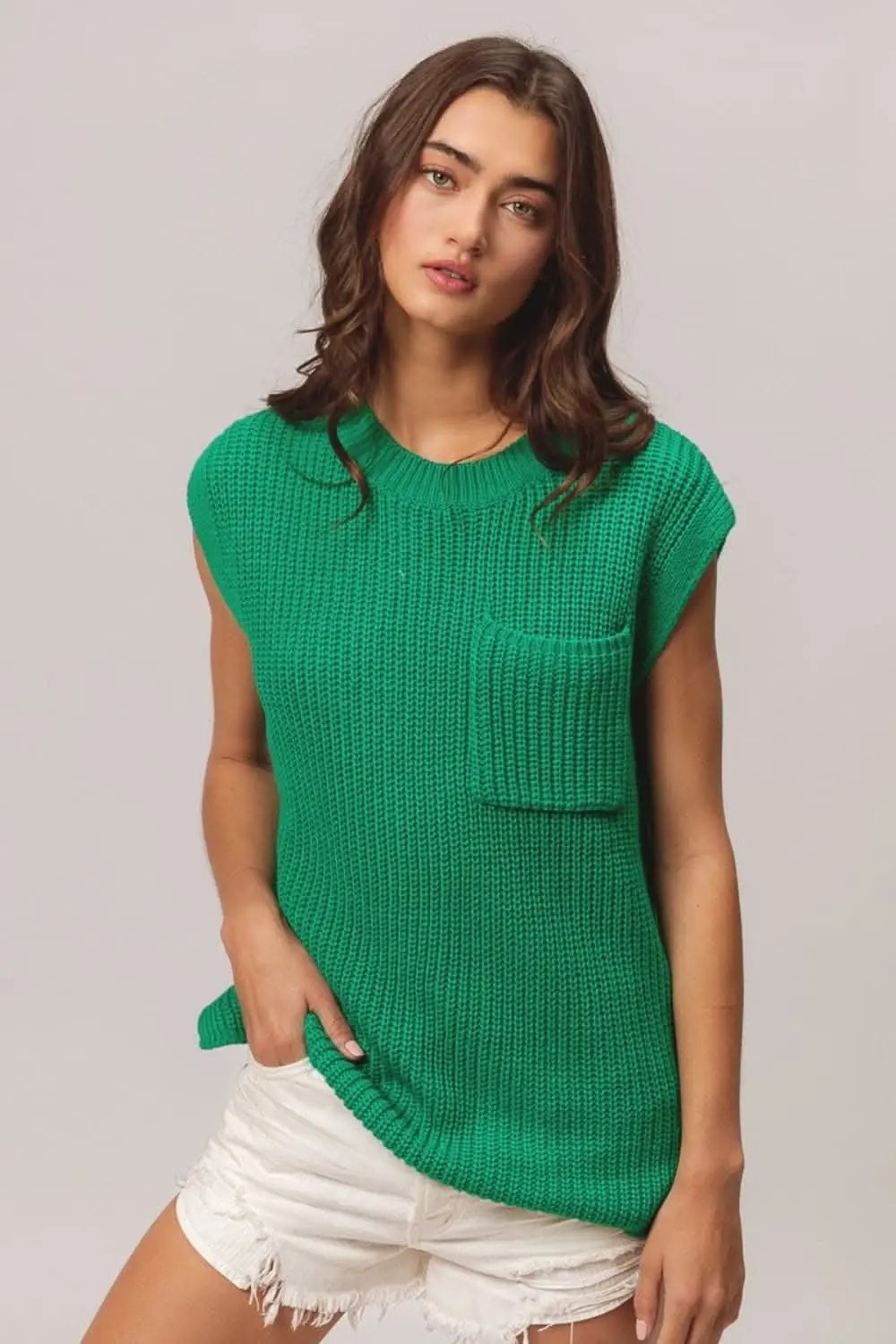 Sweaters Trendsi Knit Sweater Top Women's Casual Patch Pocket Cap Sleeve USA Shipped