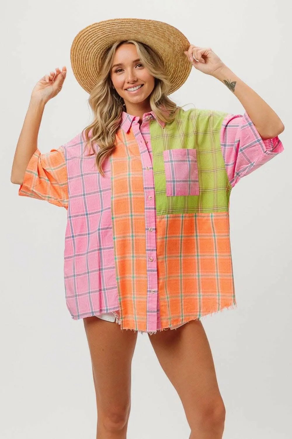 Pants Trendsi just arrived - BiBi Plaid Collared Neck Half Sleeve Shirt