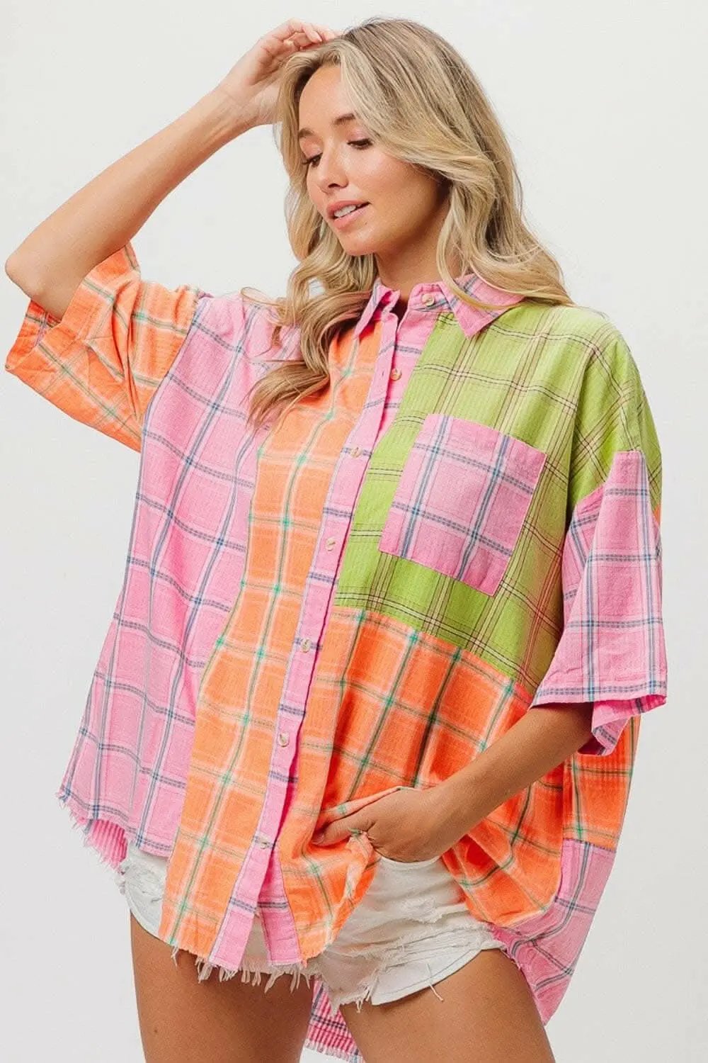 Pants Trendsi just arrived - BiBi Plaid Collared Neck Half Sleeve Shirt