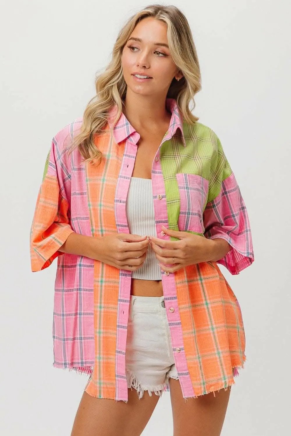 Pants Trendsi just arrived - BiBi Plaid Collared Neck Half Sleeve Shirt