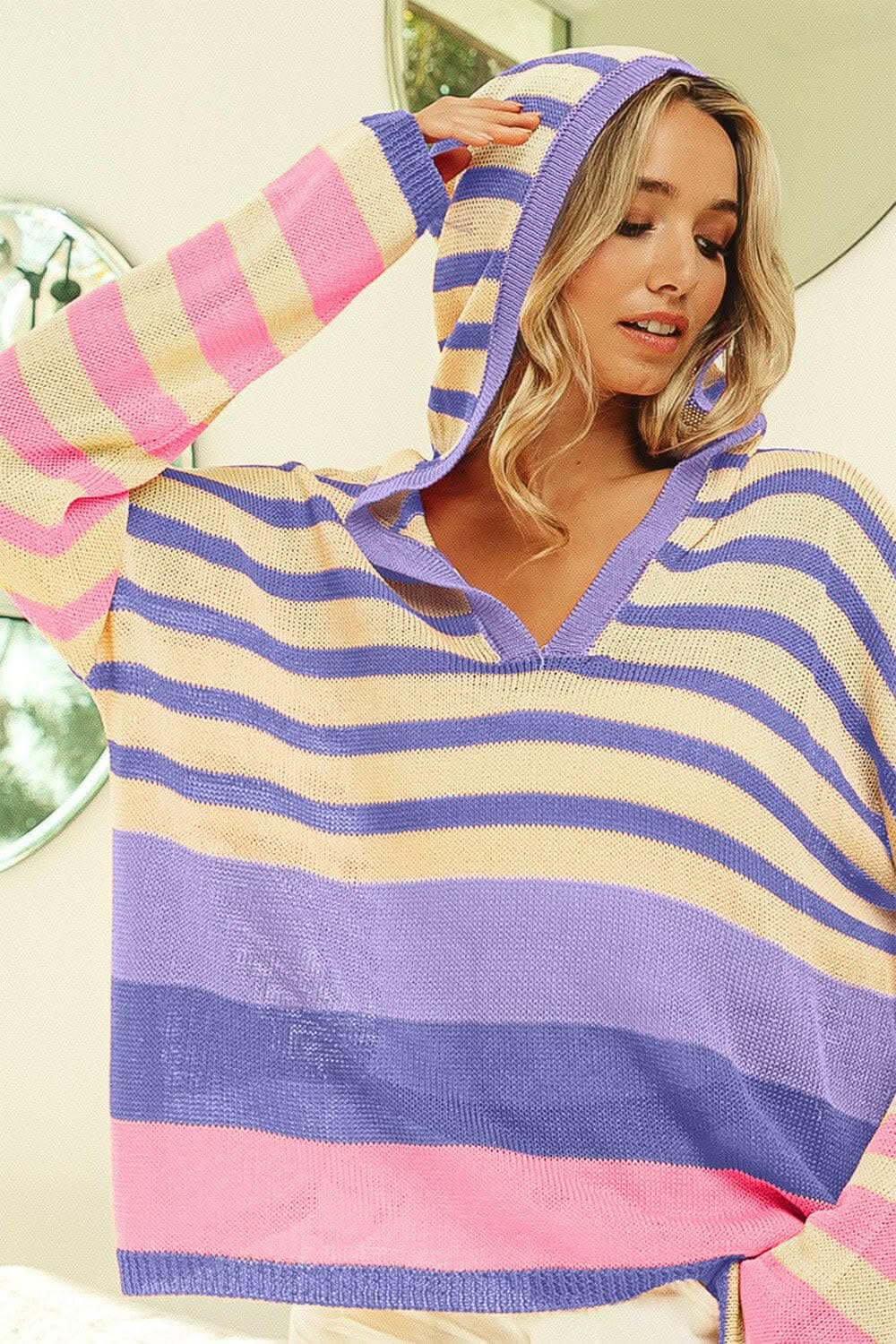 Conjunto de salón para mujer Trendsi Top de punto con capucha y leggings — Bloques de color a rayas