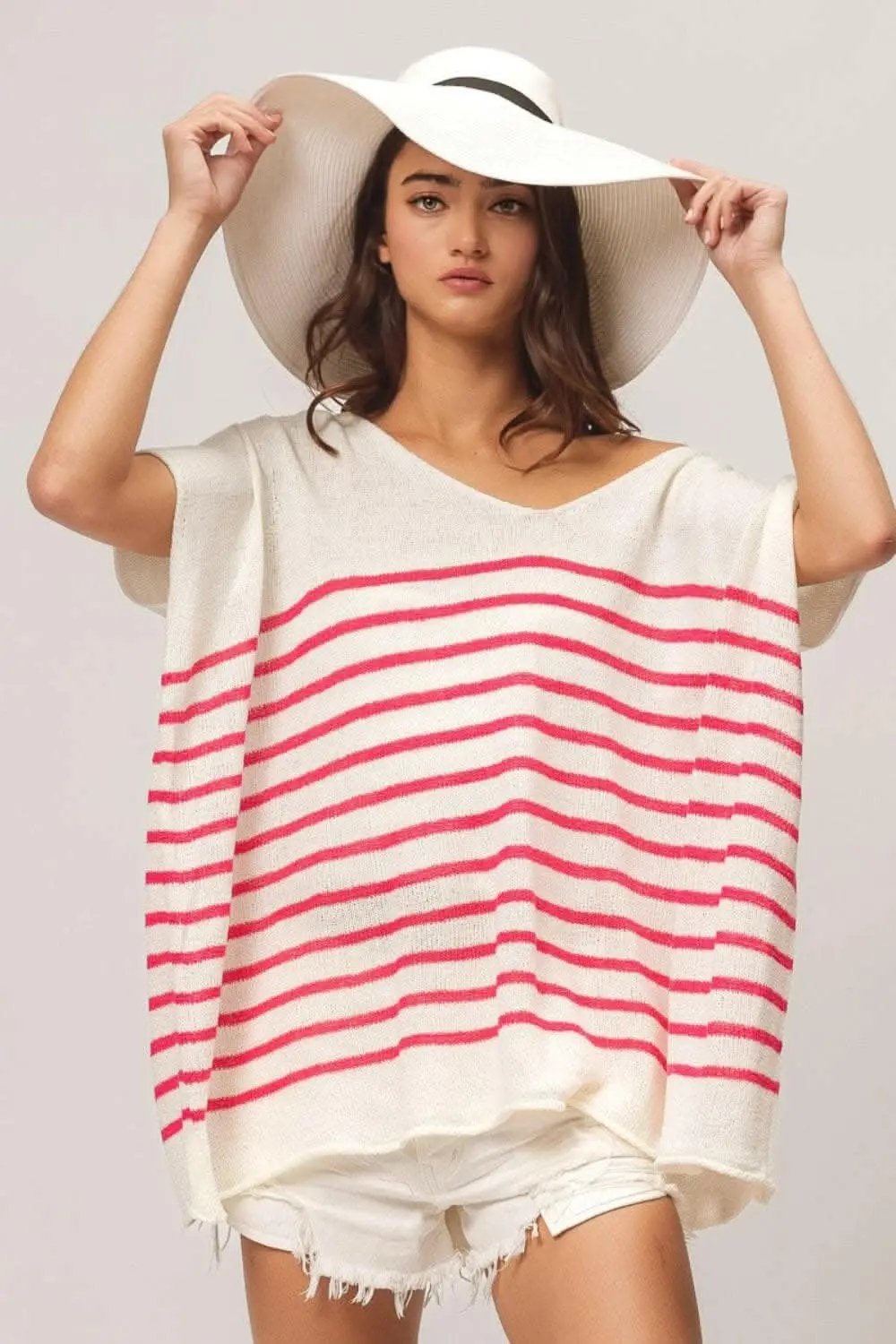 Accessories Trendsi BiBi V Neck Striped Short Sleeve Top