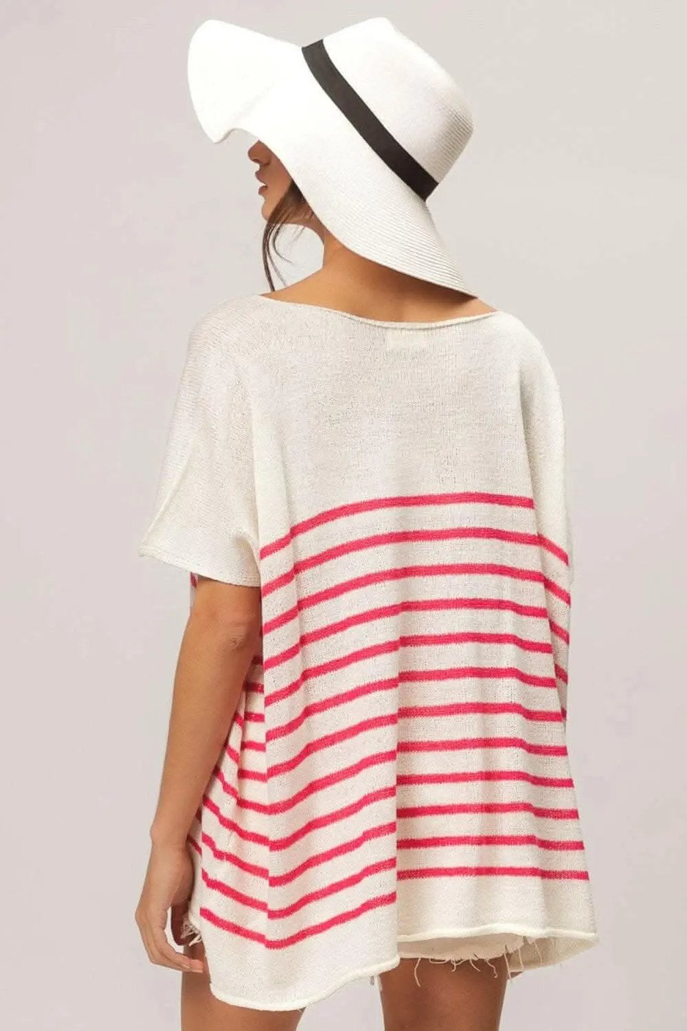 Accessories Trendsi BiBi V Neck Striped Short Sleeve Top