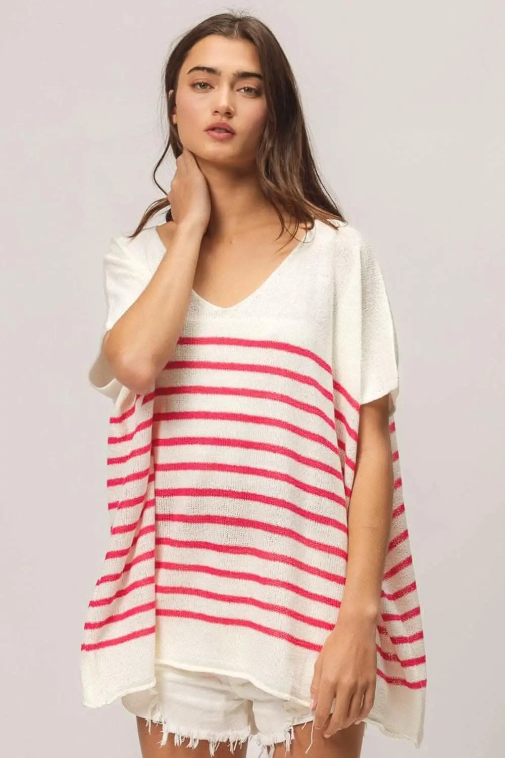 Accessories Trendsi BiBi V Neck Striped Short Sleeve Top
