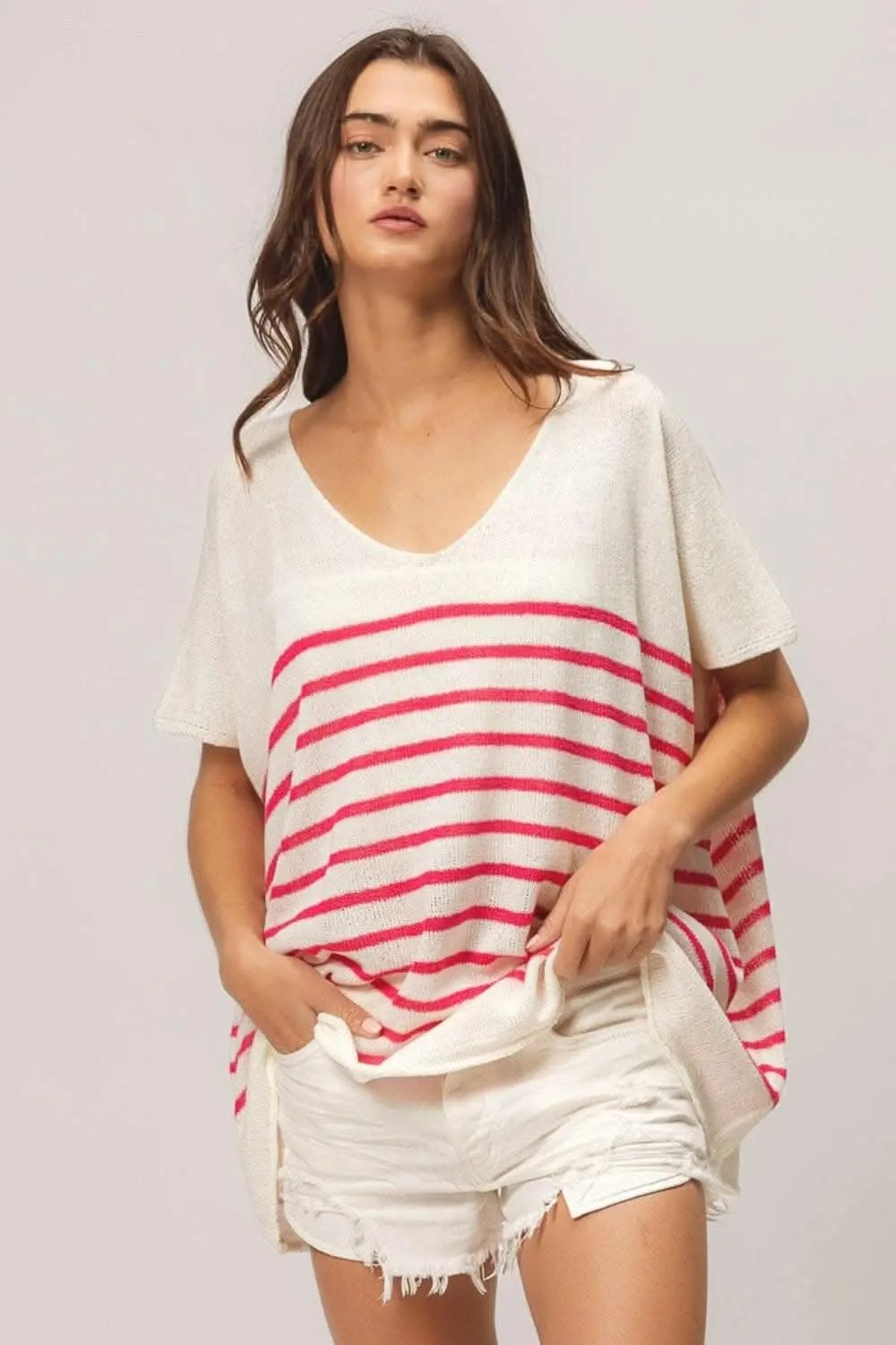 Accessories Trendsi BiBi V Neck Striped Short Sleeve Top