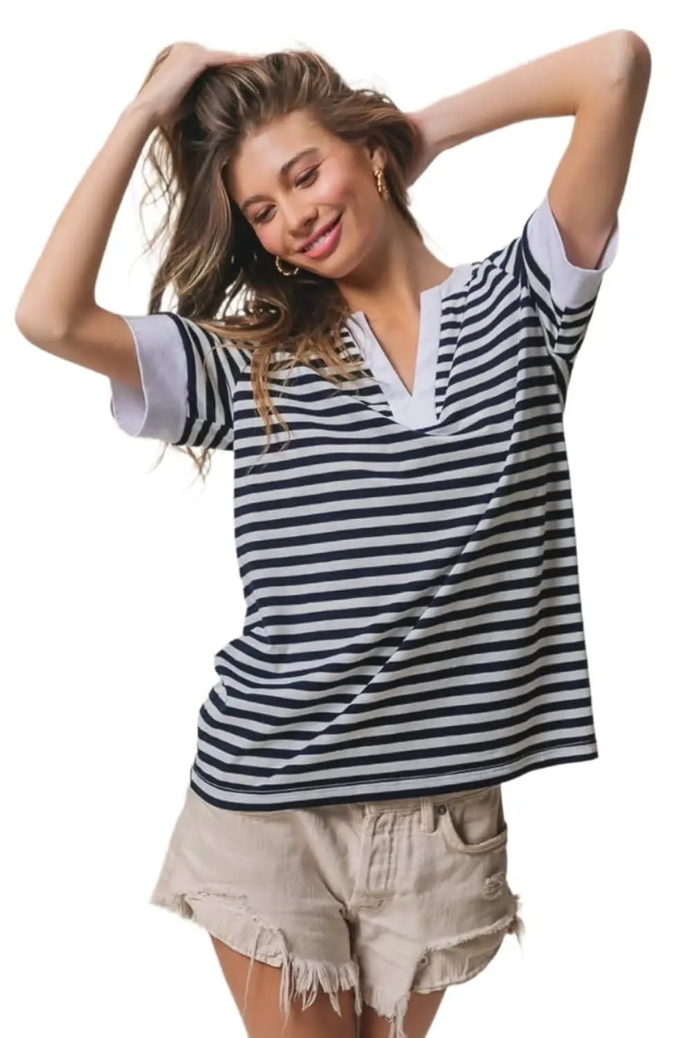 Sweaters Trendsi BiBi notched knit top with stripes