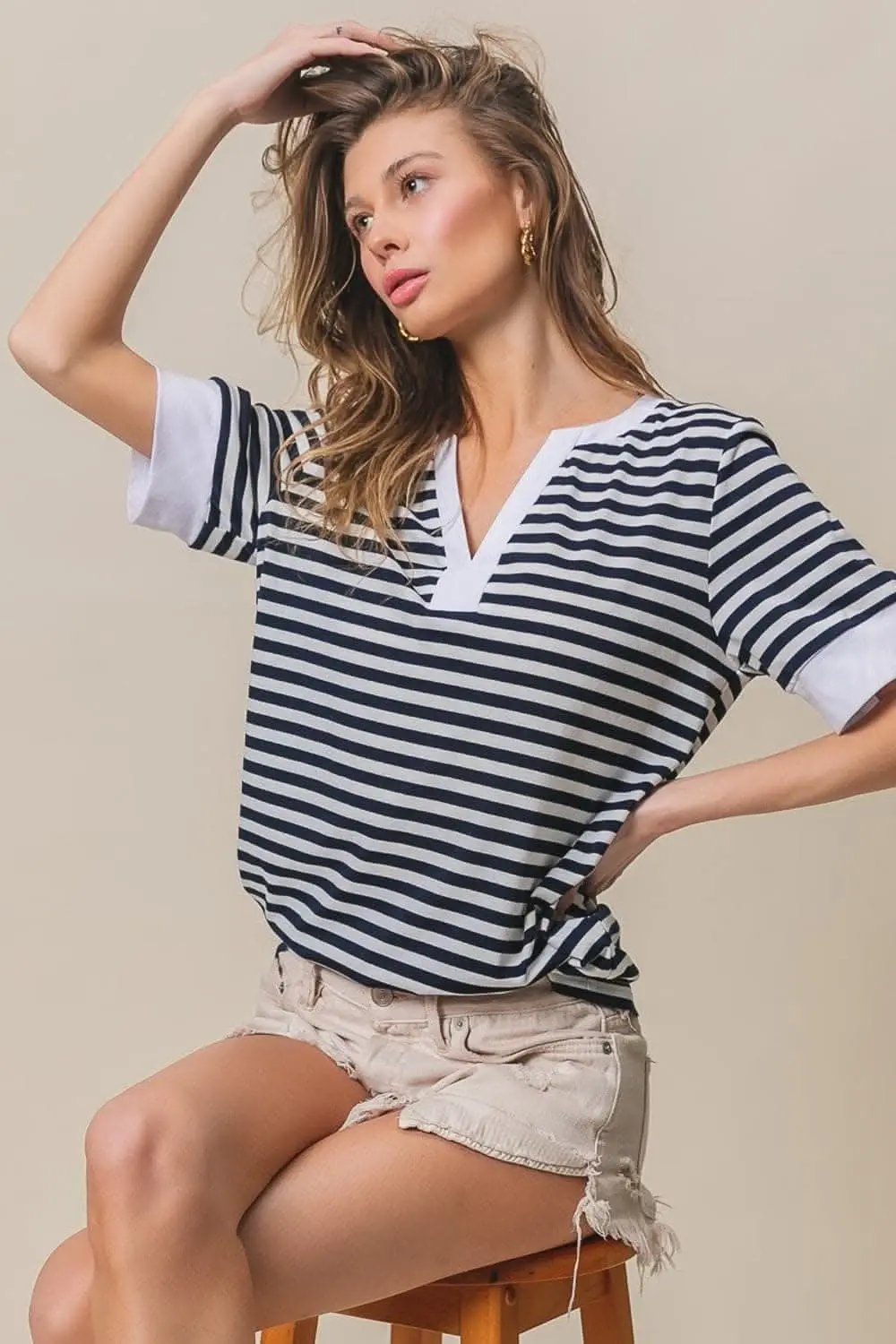 Sweaters Trendsi BiBi notched knit top with stripes