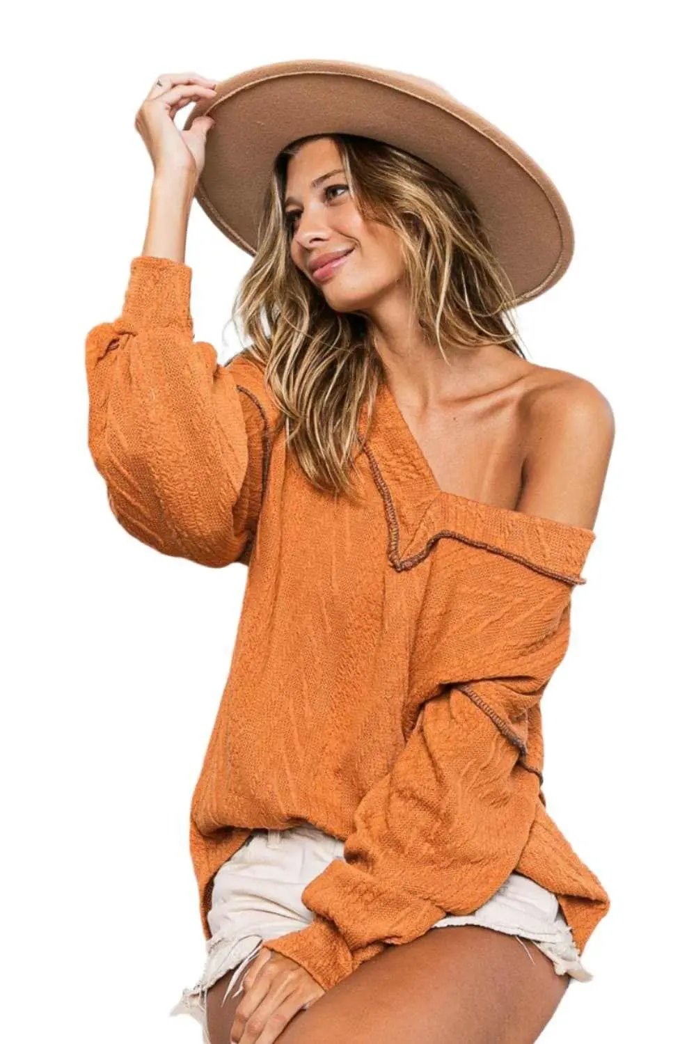Trendsi Textured Drop Shoulder Sweater - Rust