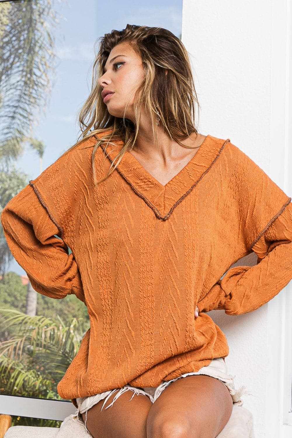 Trendsi Textured Drop Shoulder Sweater - Rust