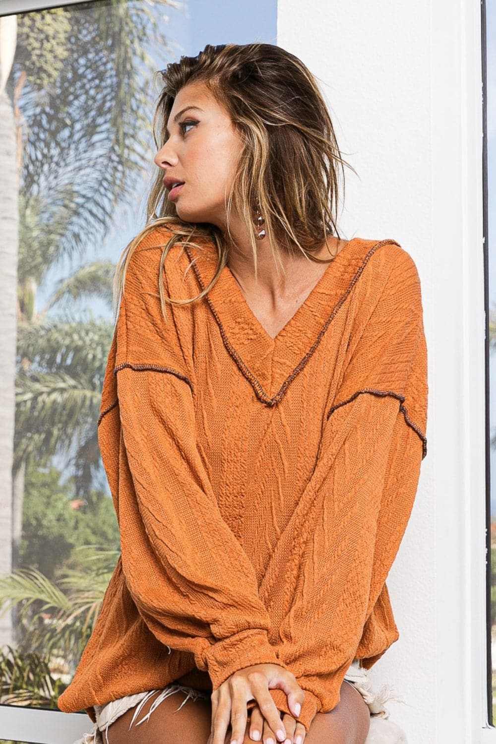 Trendsi Textured Drop Shoulder Sweater - Rust