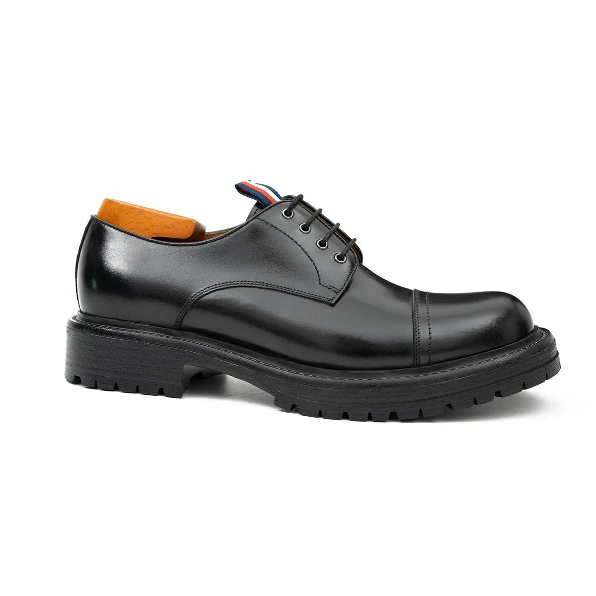 Black Calf Leather Cap-Toe Derby Shoes with Lug Sole