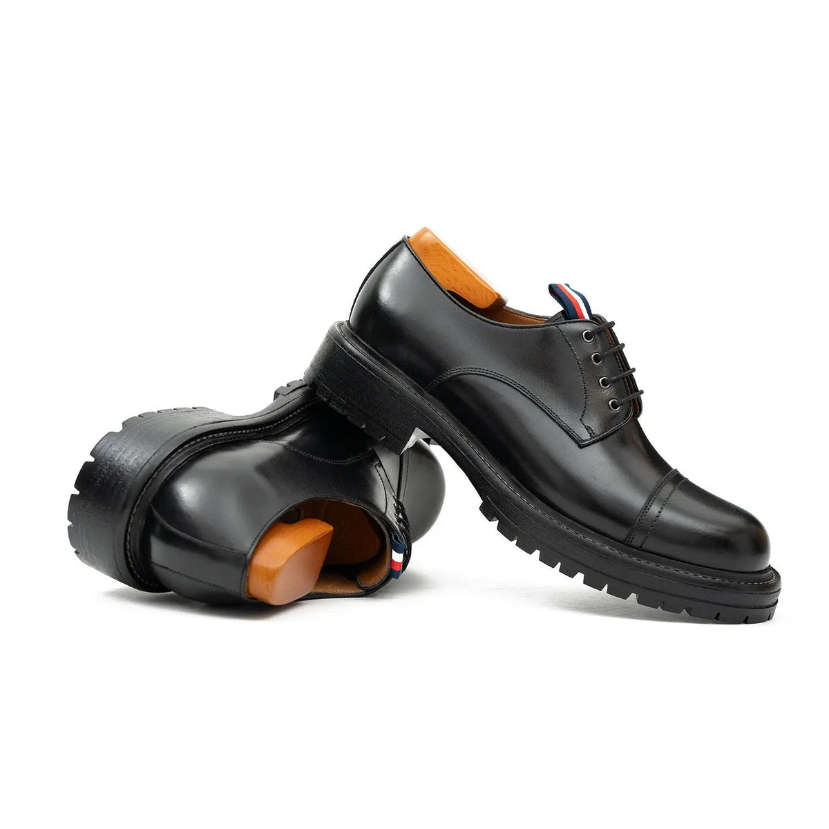 Black Calf Leather Cap-Toe Derby Shoes with Lug Sole