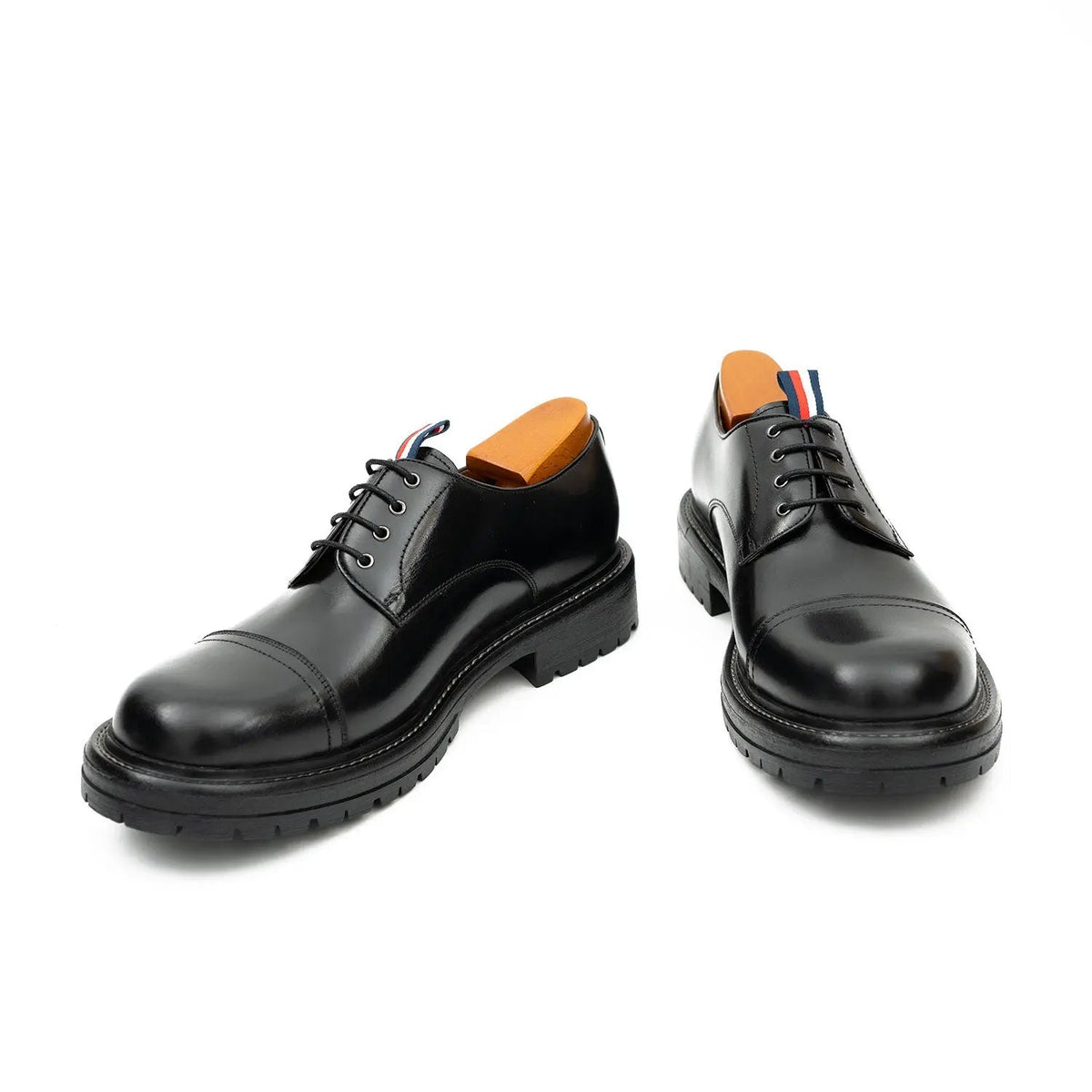 Black Calf Leather Cap-Toe Derby Shoes with Lug Sole