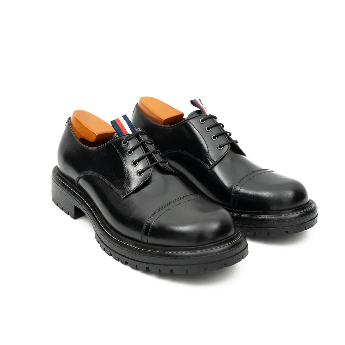 Black Calf Leather Cap-Toe Derby Shoes with Lug Sole