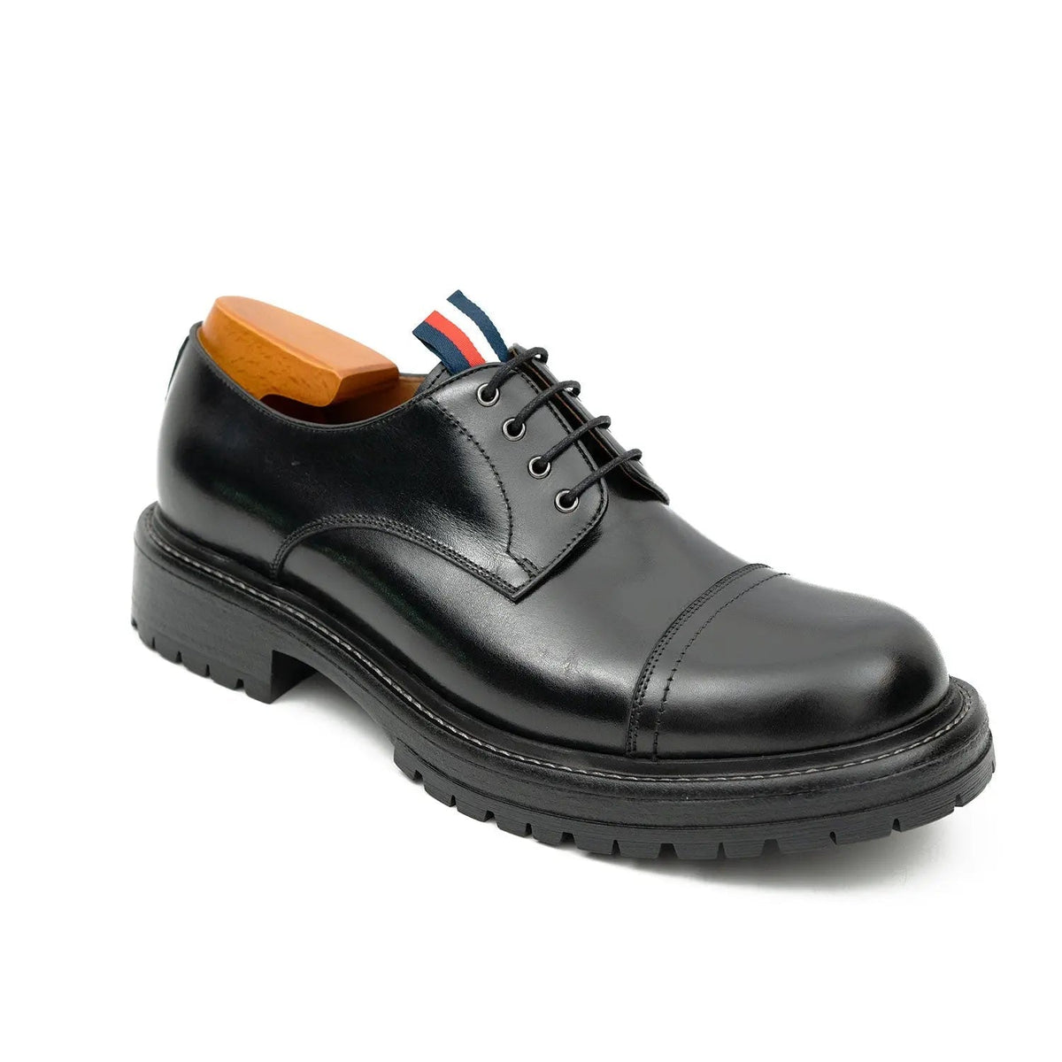 Black Calf Leather Cap-Toe Derby Shoes with Lug Sole