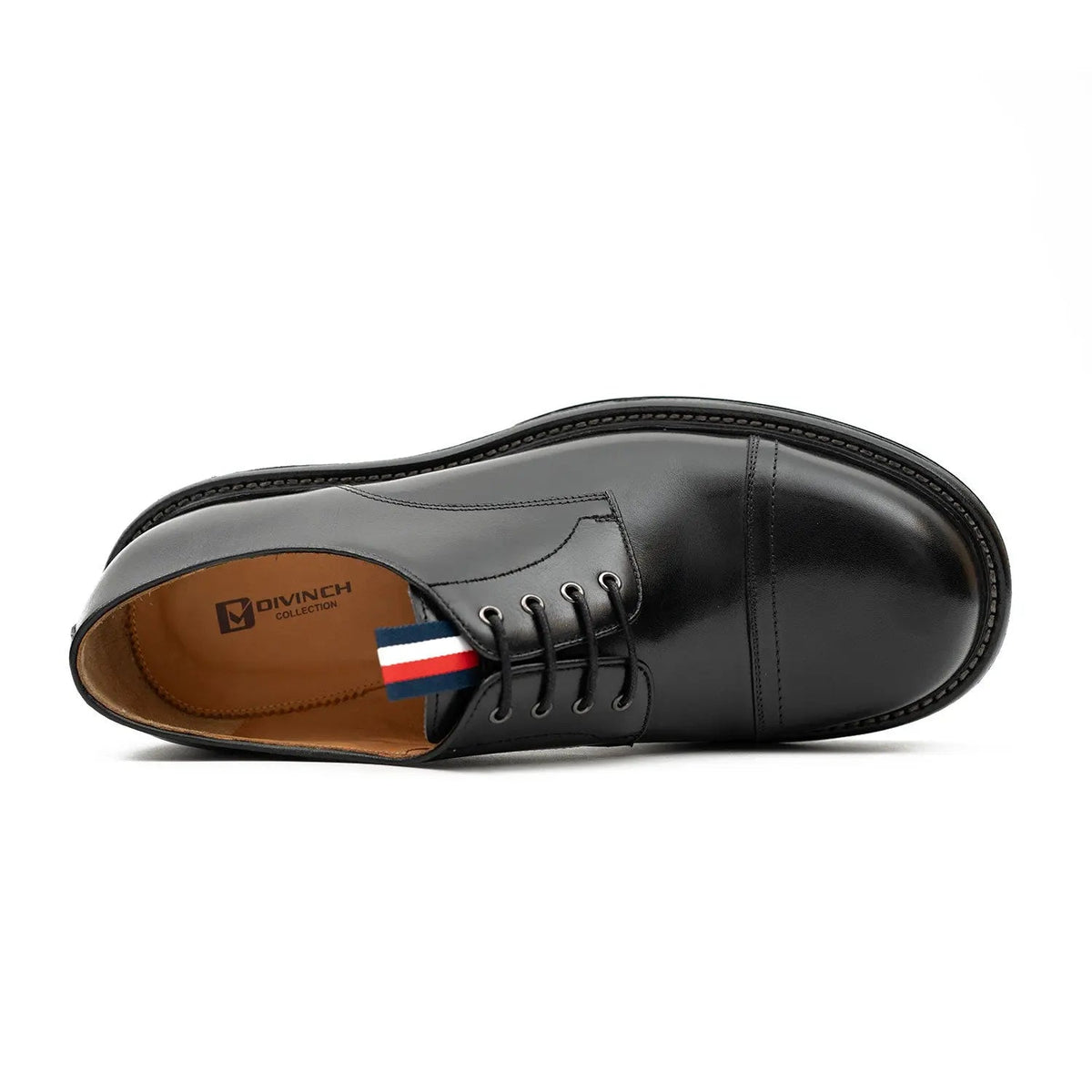Black Calf Leather Cap-Toe Derby Shoes with Lug Sole