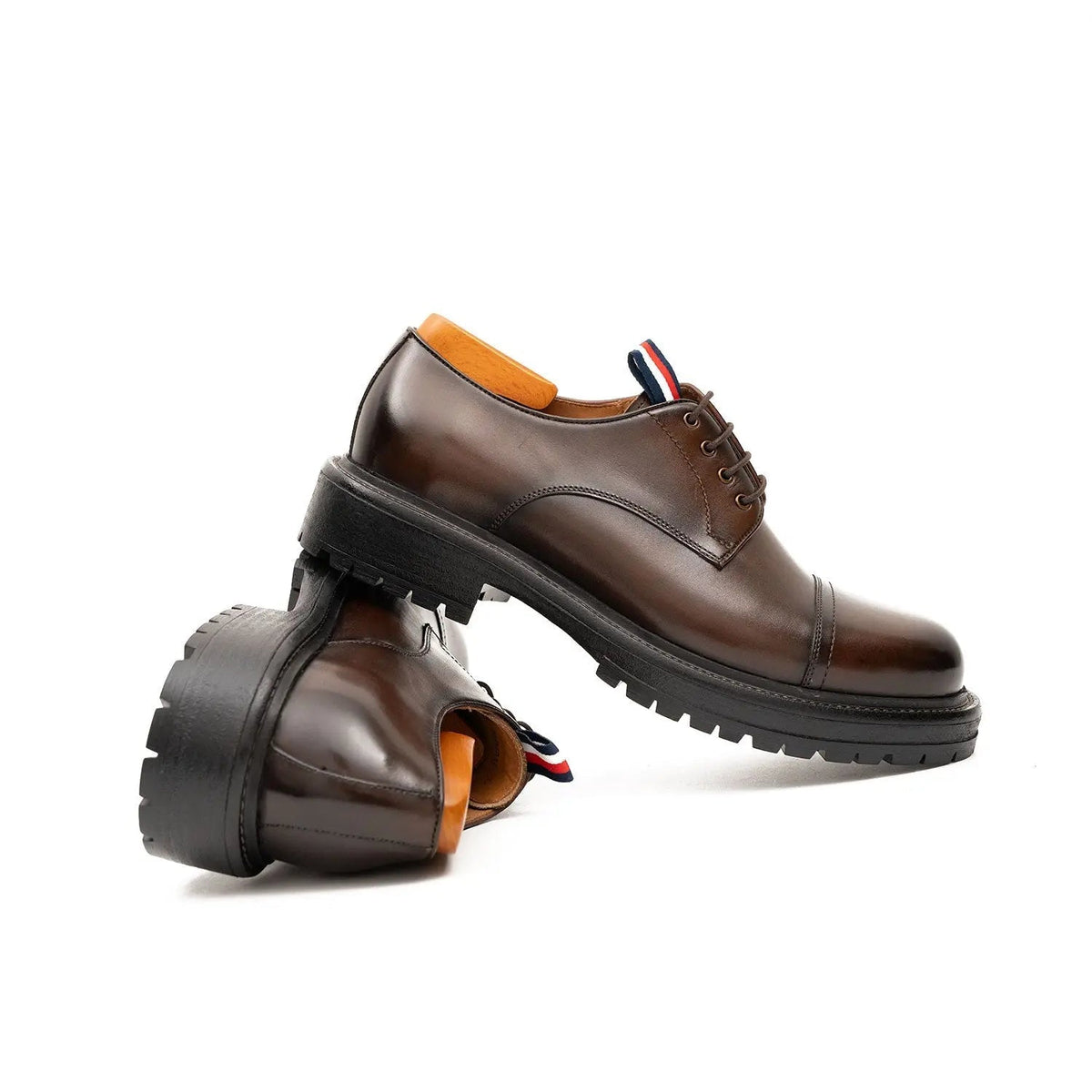 Brown Calf Leather Cap-Toe Derby Shoes with Lug Sole