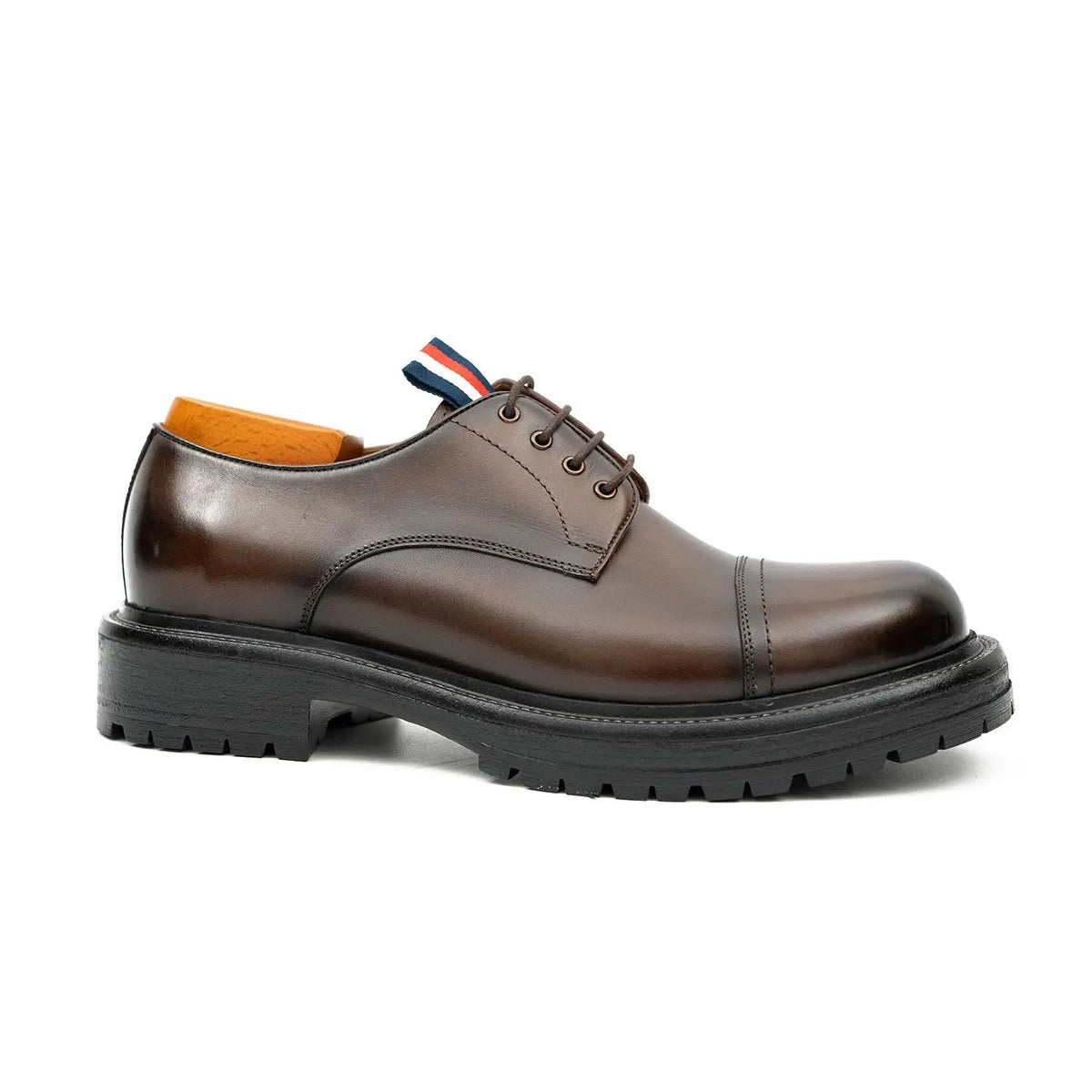 Brown Calf Leather Cap-Toe Derby Shoes with Lug Sole