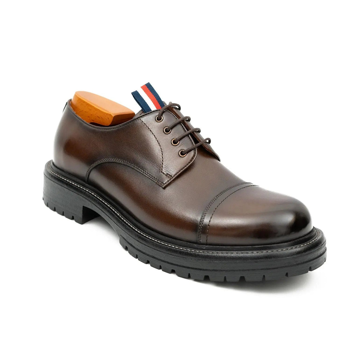 Brown Calf Leather Cap-Toe Derby Shoes with Lug Sole