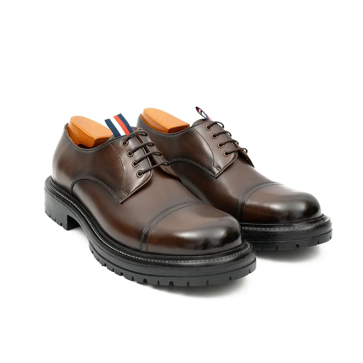 Brown Calf Leather Cap-Toe Derby Shoes with Lug Sole