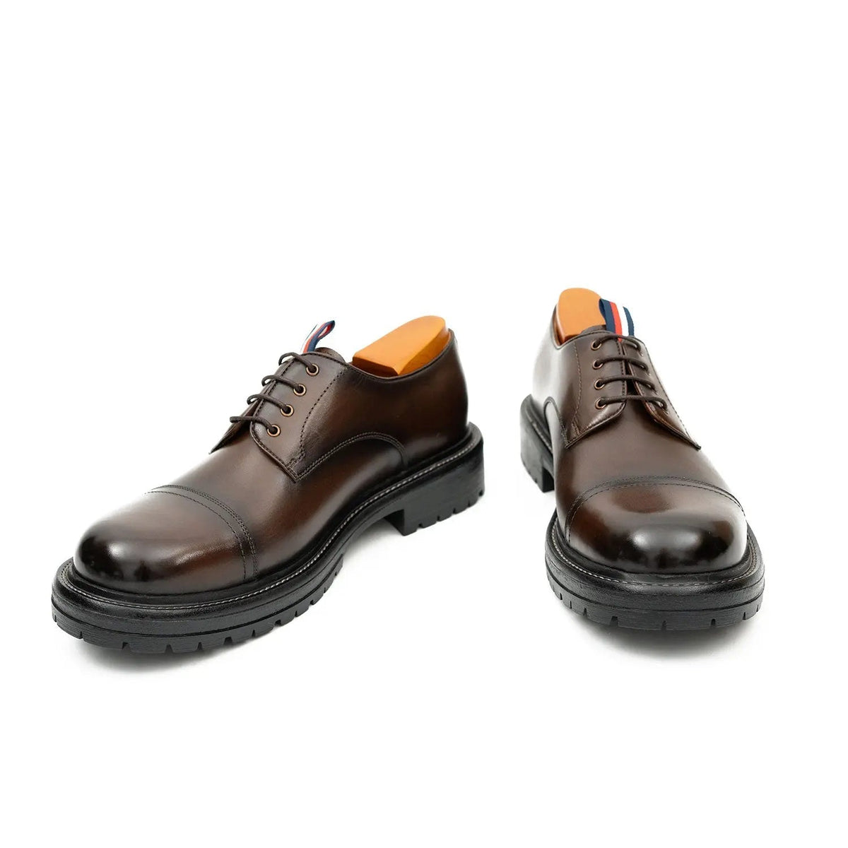 Brown Calf Leather Cap-Toe Derby Shoes with Lug Sole