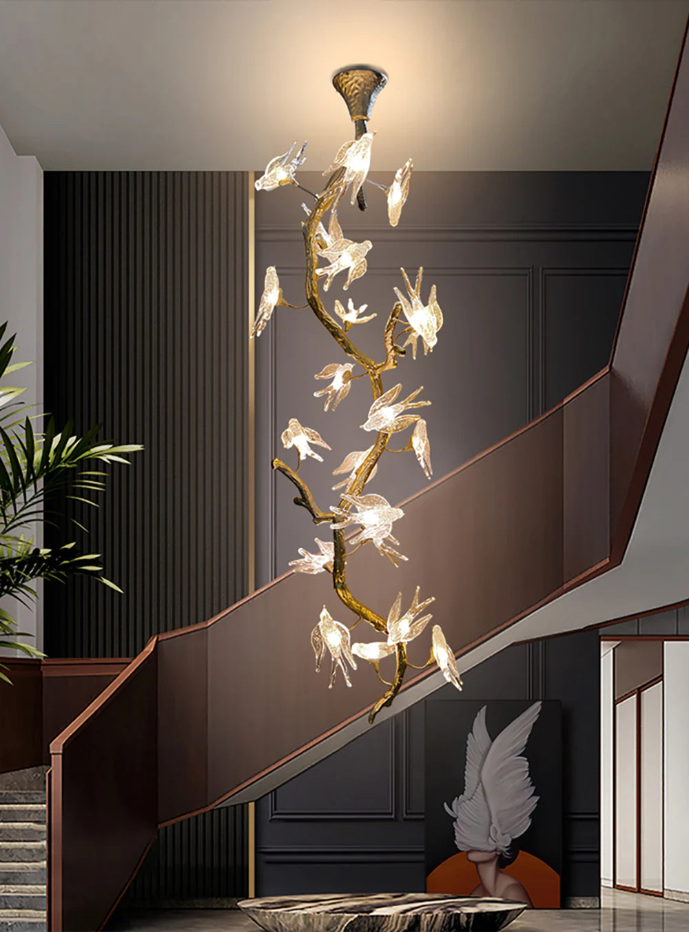 Pájaro Vidrio Rama de árbol Escalera larga Araña de luces