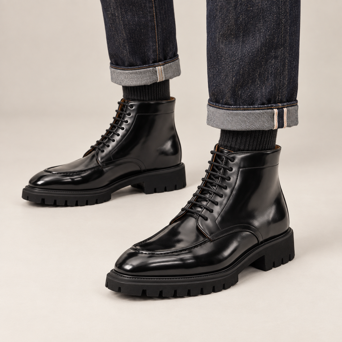 Black Apron-Toe Calf Leather Ankle Boots