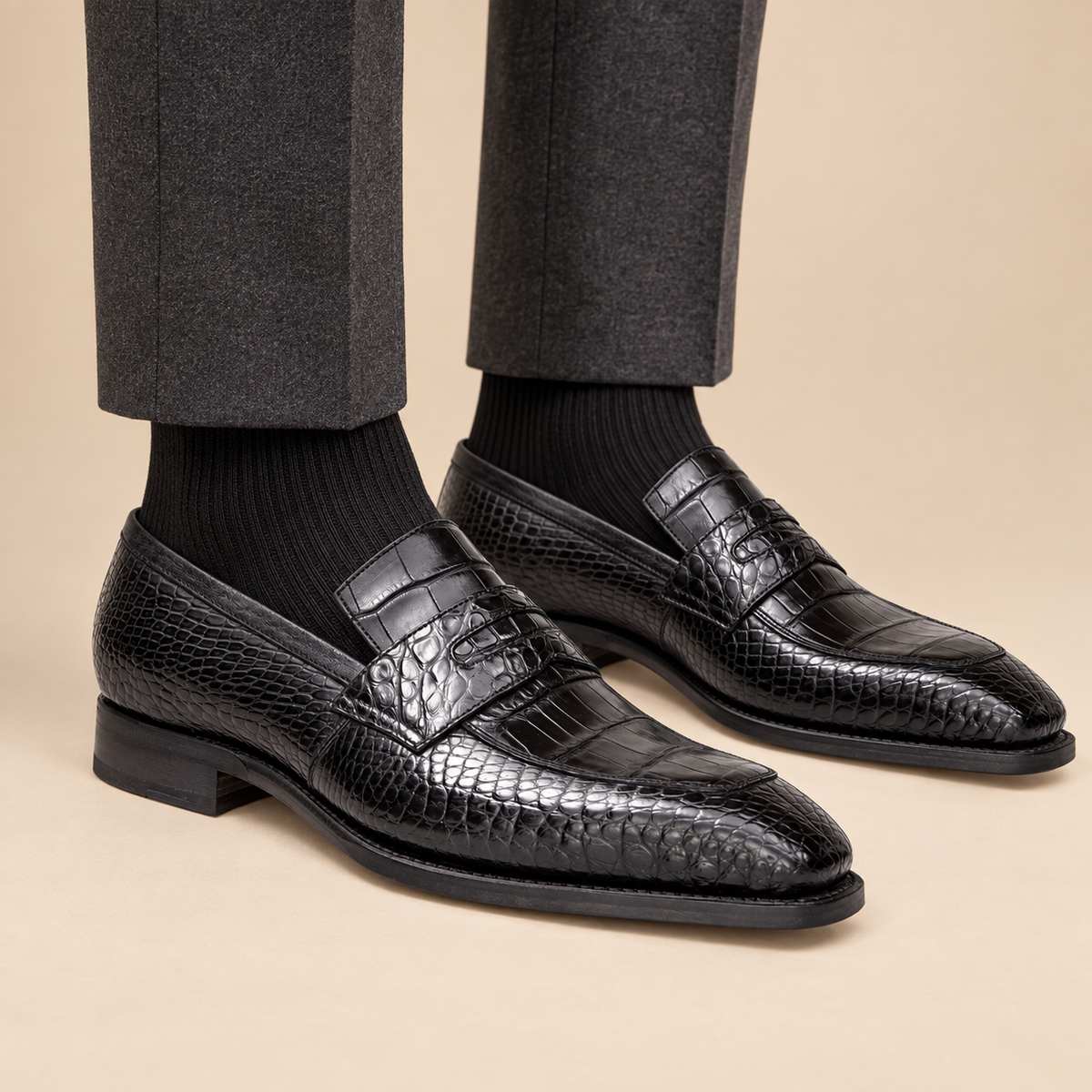 Black Apron-Toe Crocodile Leather Loafers