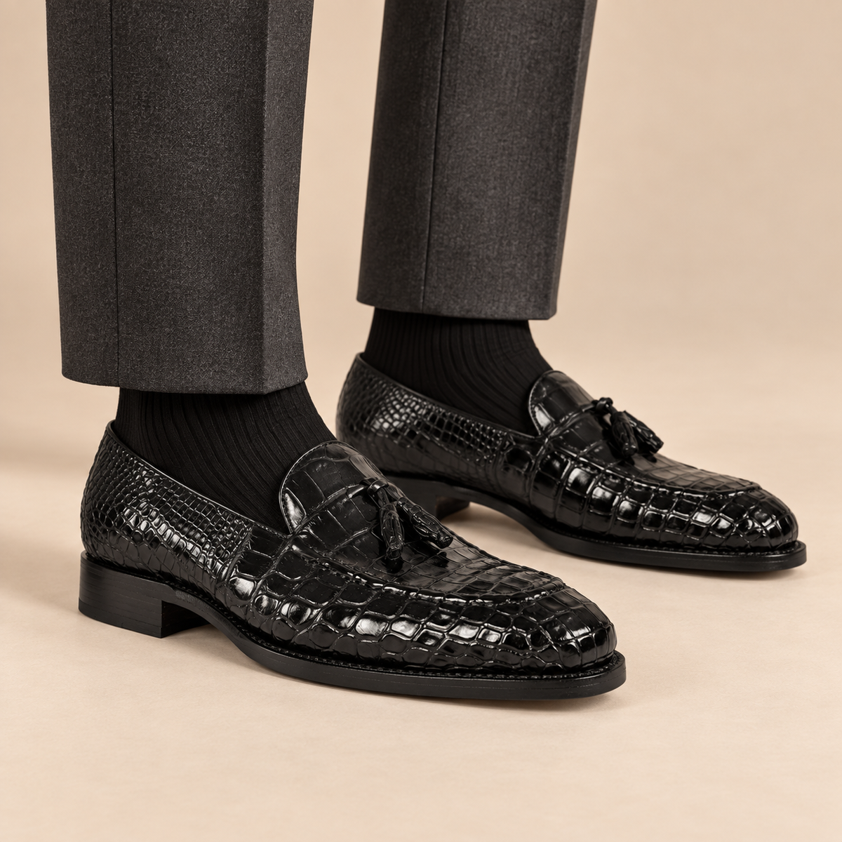 Black Apron-Toe Crocodile Leather Tassel Loafers