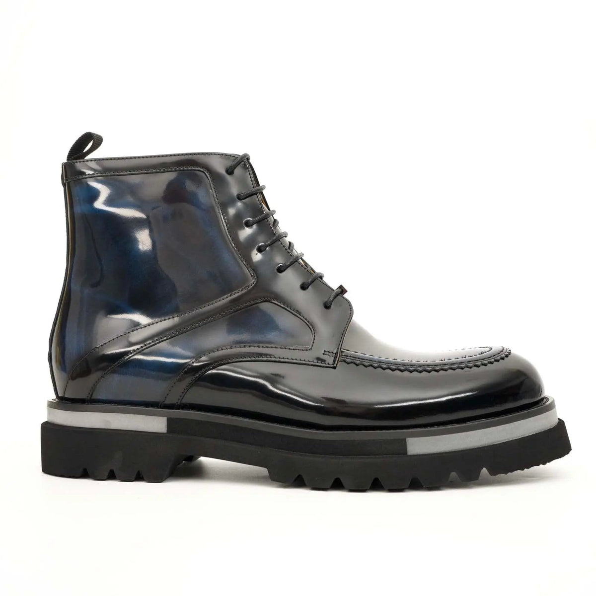 Blue-Black Apron-Toe Leather Lace-Up Boots