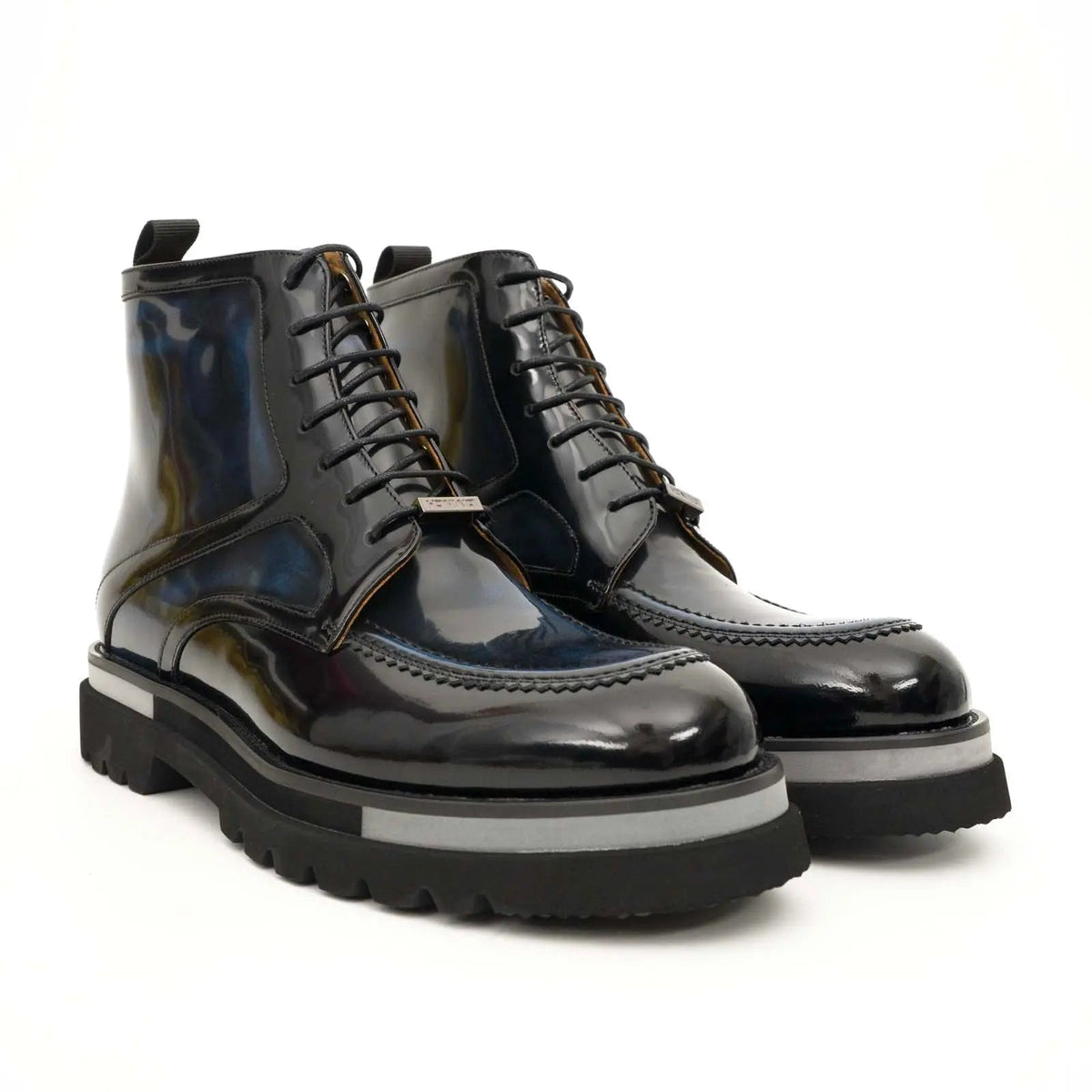 Blue-Black Apron-Toe Leather Lace-Up Boots