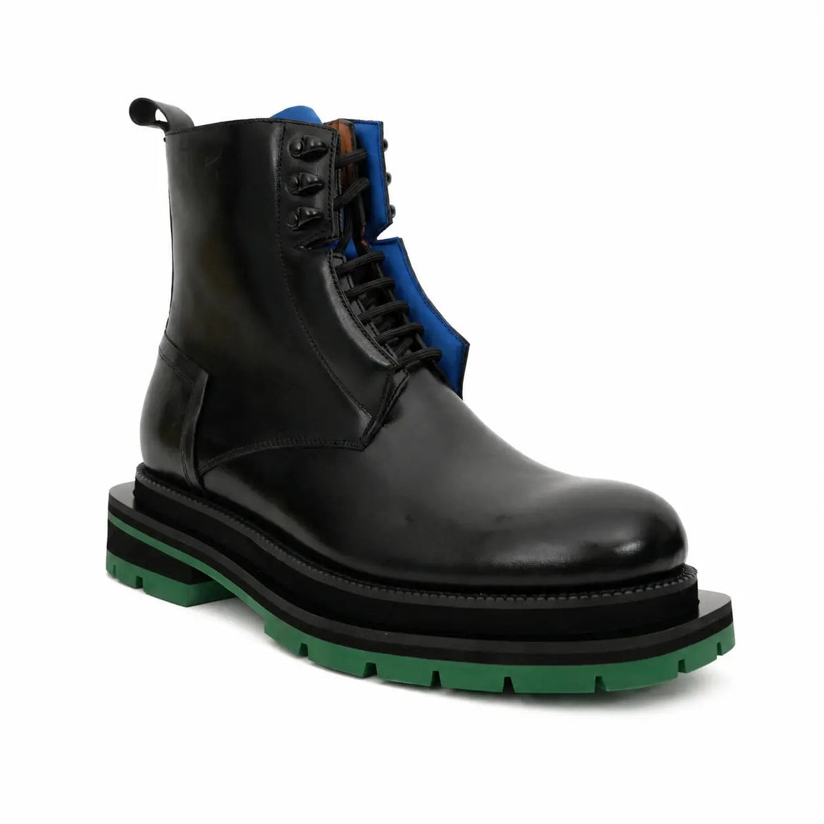 Black Leather Lace-Up Boots with Blue and Green Accents