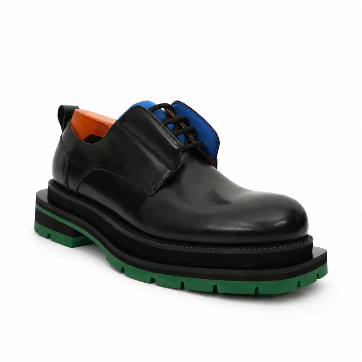 Black Leather Derby Shoes with Blue and Green Accents