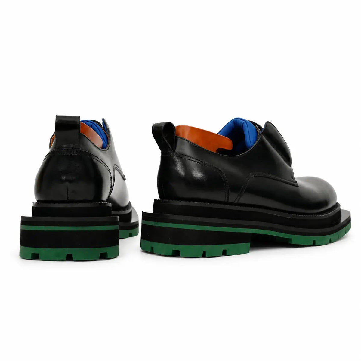 Black Leather Derby Shoes with Blue and Green Accents