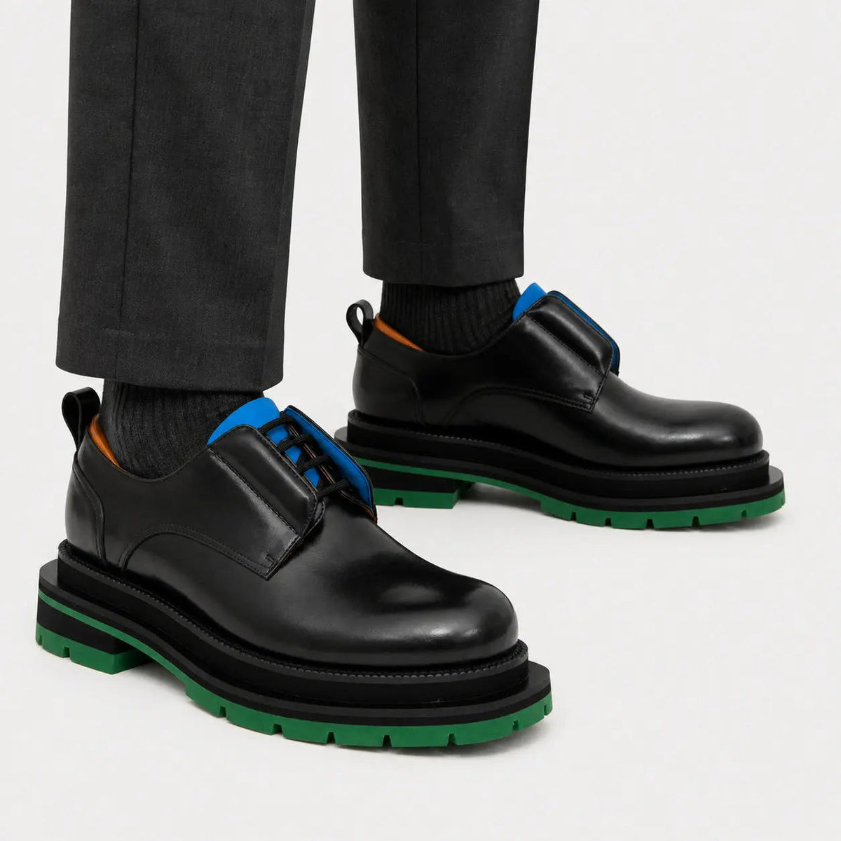 Black Leather Derby Shoes with Blue and Green Accents