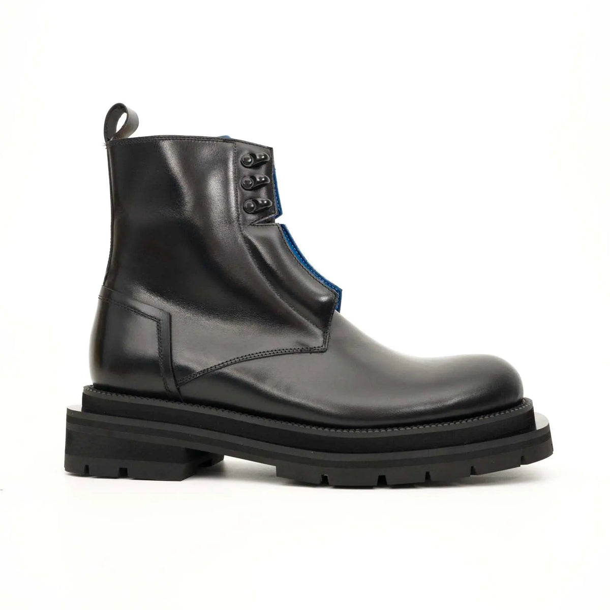 Black Leather Lace-Up Boots with Blue Detail