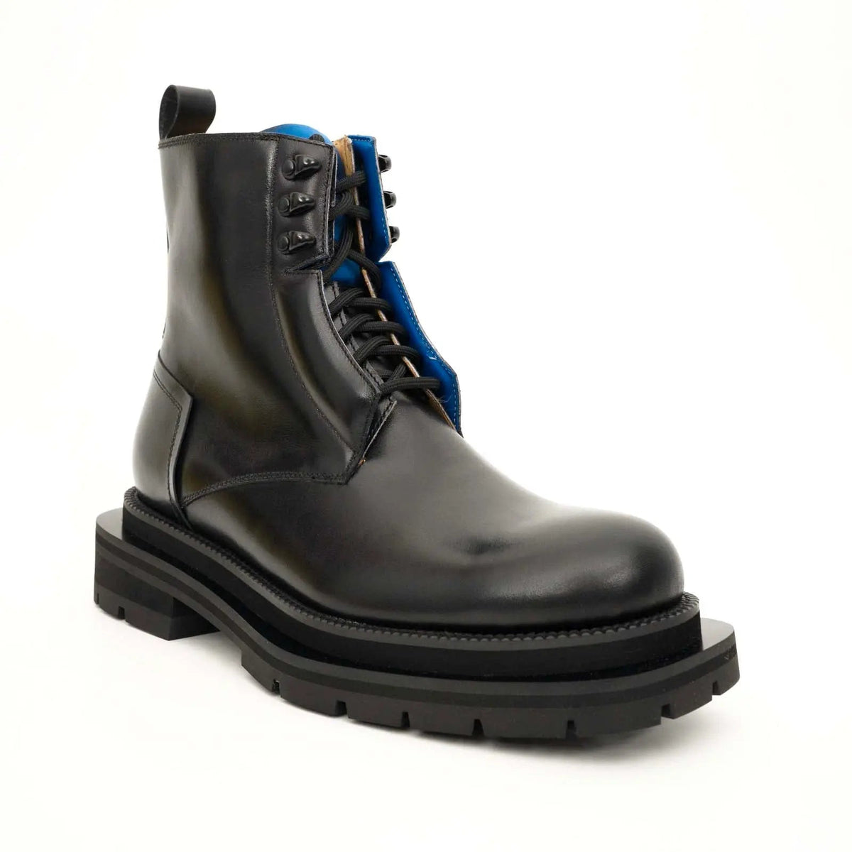 Black Leather Lace-Up Boots with Blue Detail