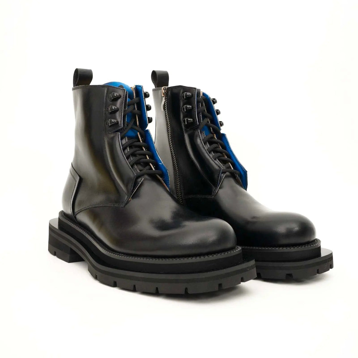Black Leather Lace-Up Boots with Blue Detail
