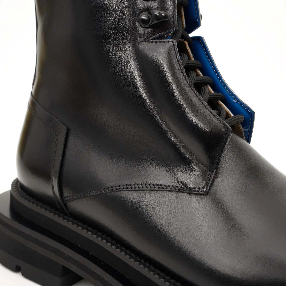 Black Leather Lace-Up Boots with Blue Detail
