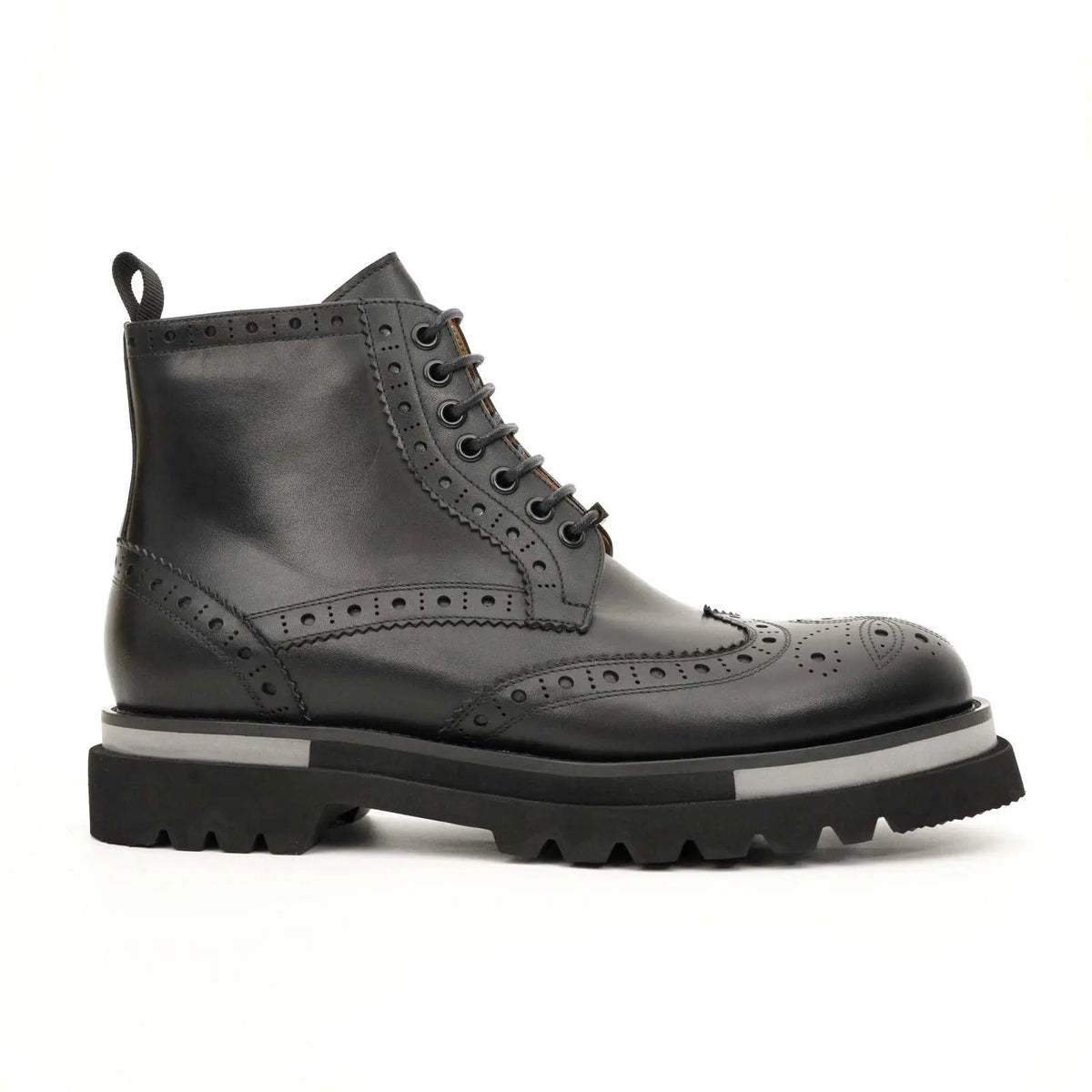 Black Calf Leather Wingtip Brogue Ankle Boots