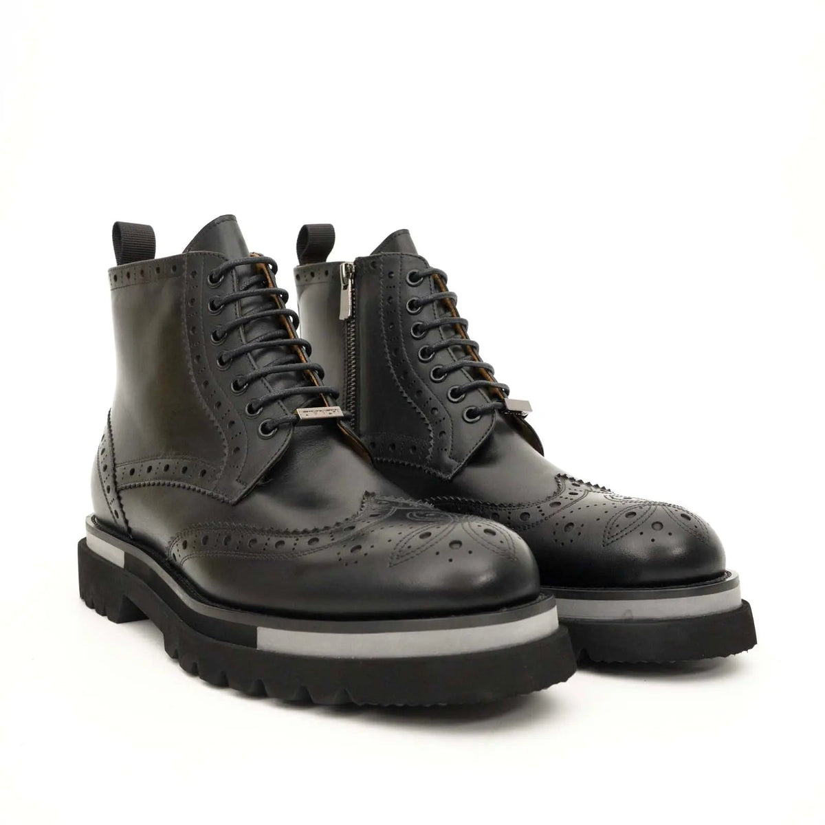 Black Calf Leather Wingtip Brogue Ankle Boots