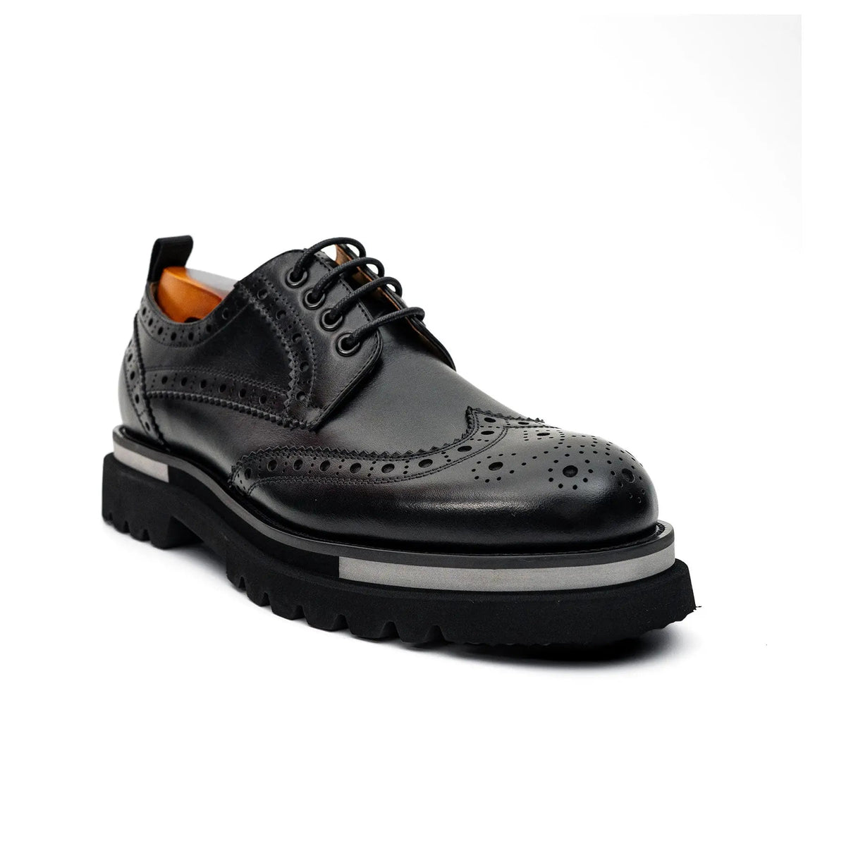 Black Wingtip Derby Shoes with Pale Sole Stripe