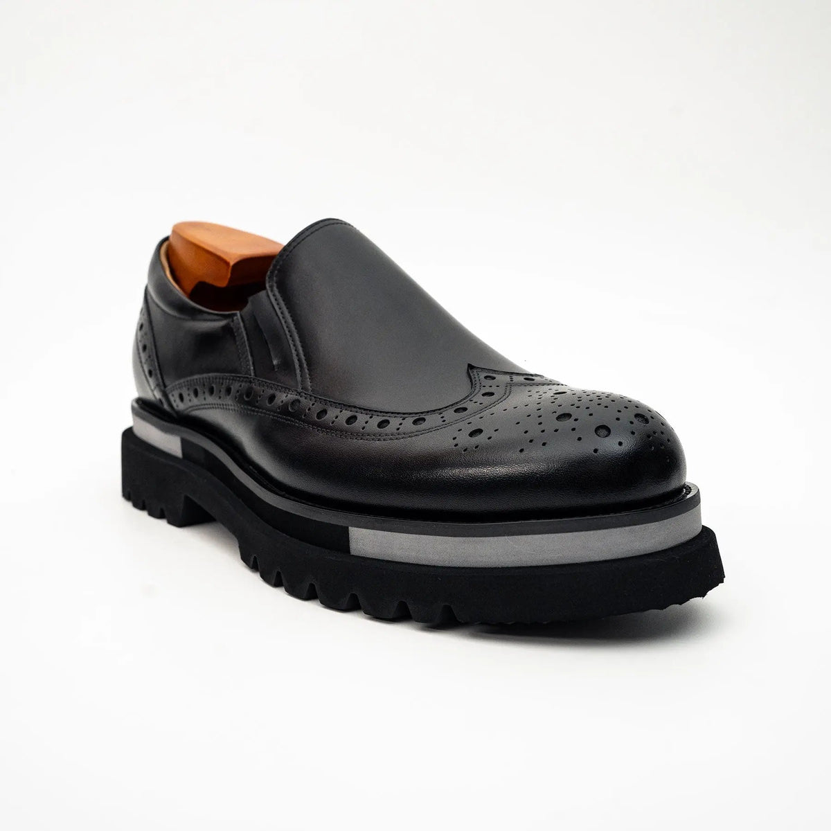 Black Wingtip Brogue Slip-On Shoes