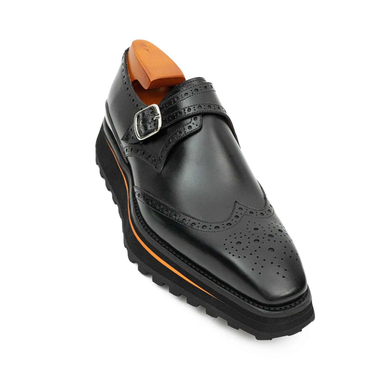 Black Brogue Monk Shoes With Chunky Sole