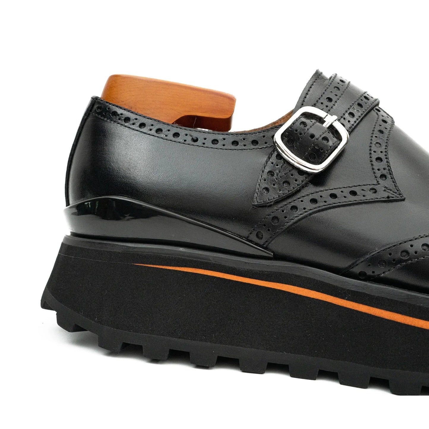 Black Brogue Monk Shoes With Chunky Sole