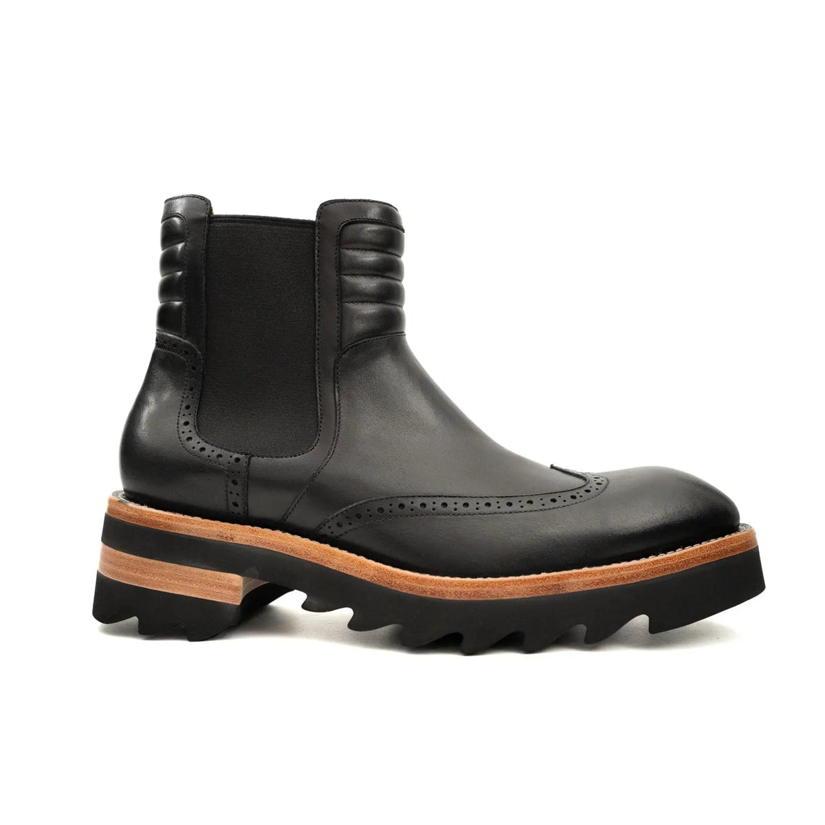Black Wingtip Brogue Chelsea Boots with Tan Trim